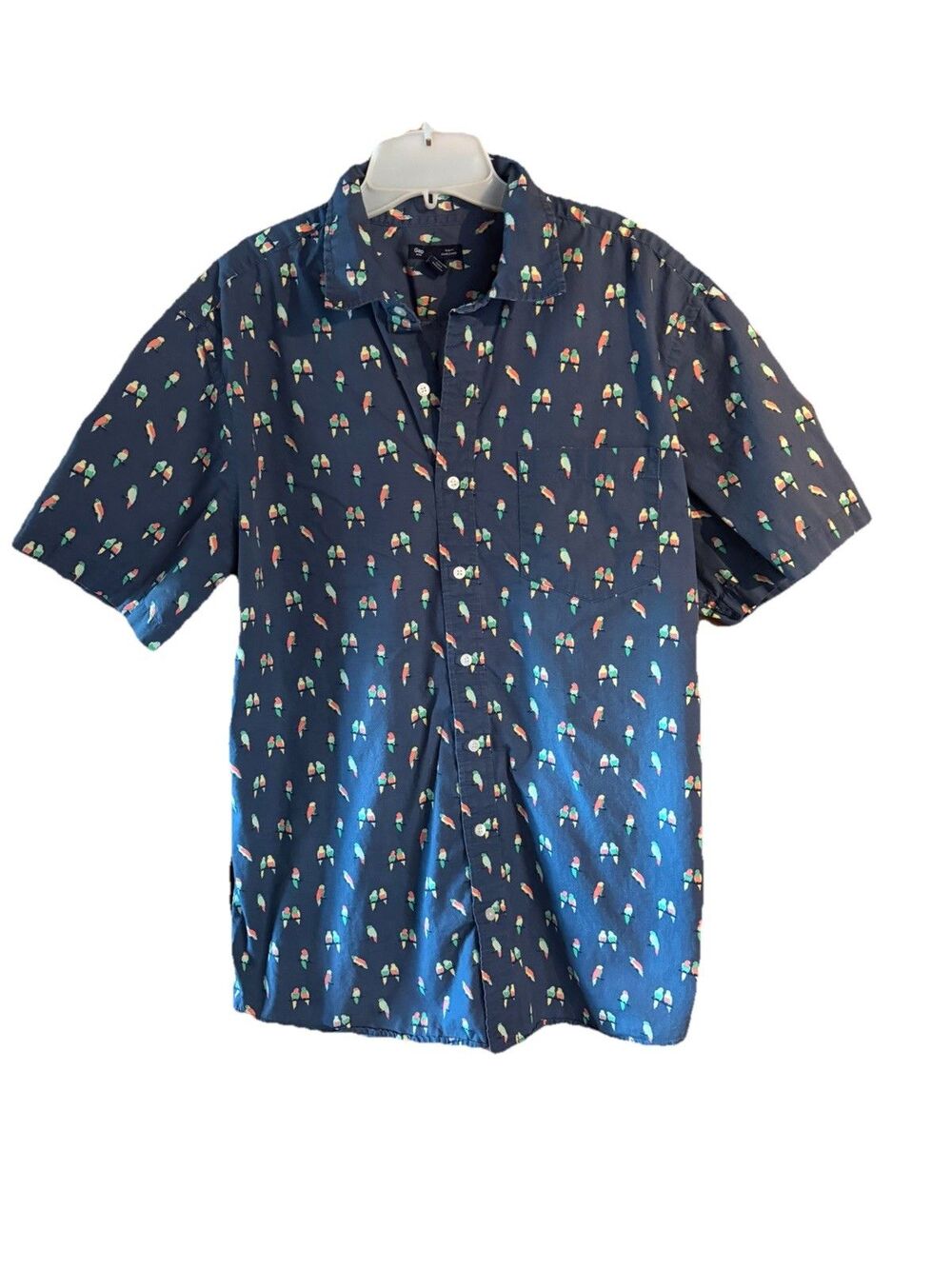 GAP Love Birds Parrots  XL Blue Button Down Shirt Slim Fit